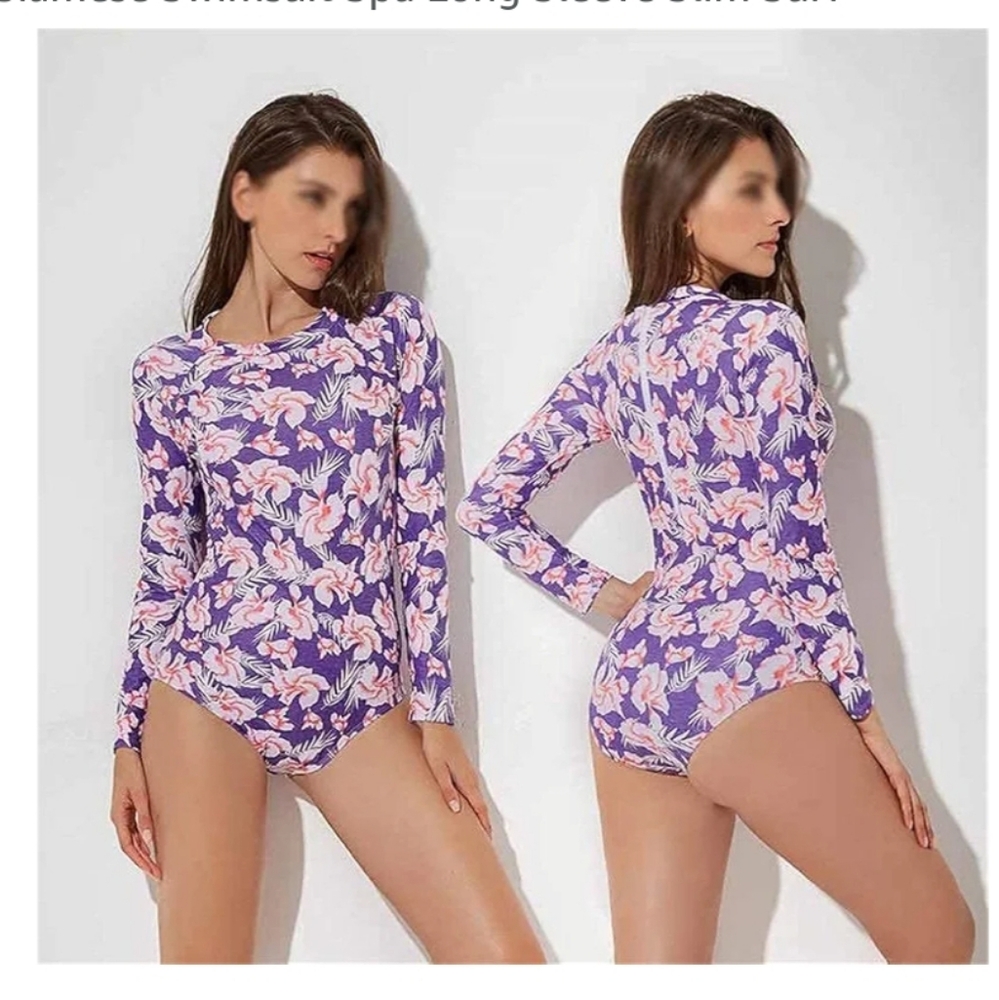 Women's zip push up long sleeve swimwear One Piece Floral Tropical Bodysuit XXL